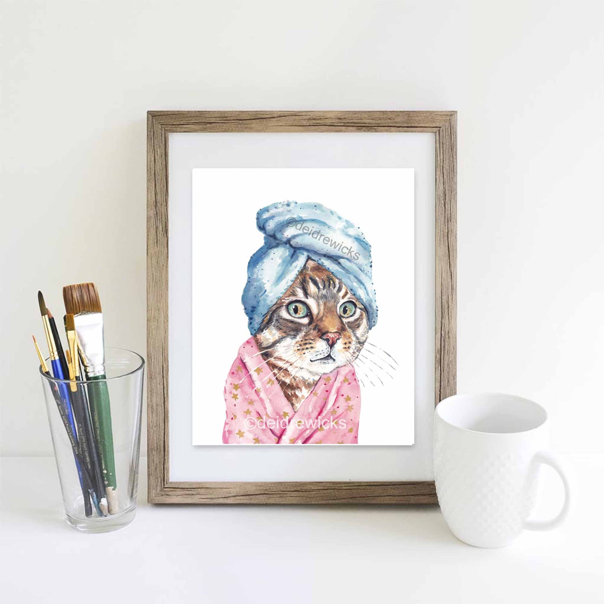 Framed cat watercolor print by Deidre Wicks