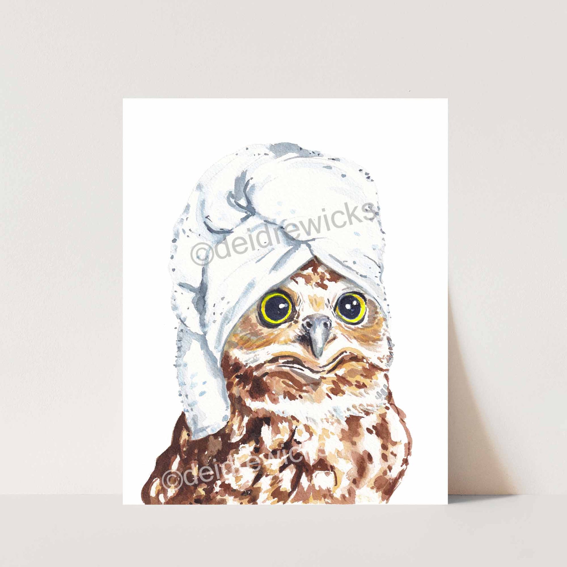 Owl watercolouring painting Print. Even owls need a day at the spa, Art by Deidre Wicks