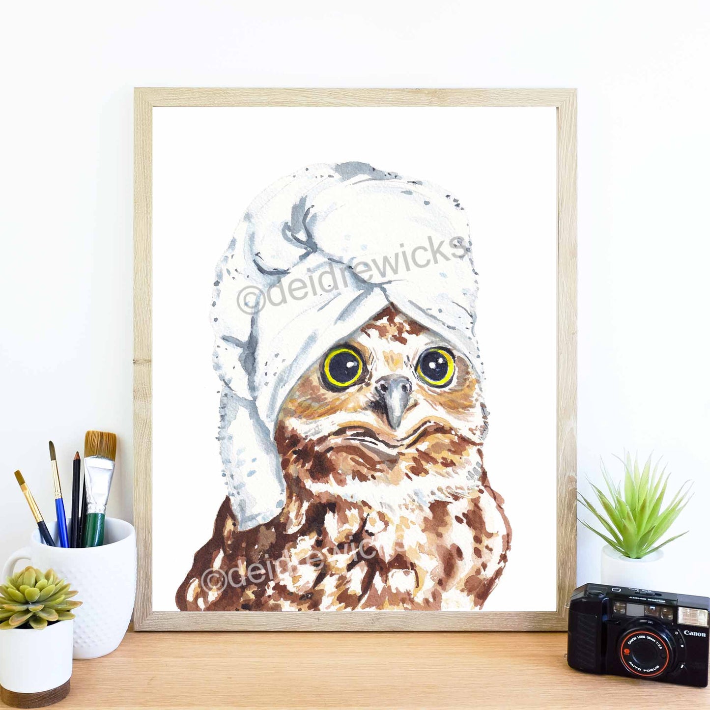 Framed example of a funny owl watercolour print by Water In My Paint