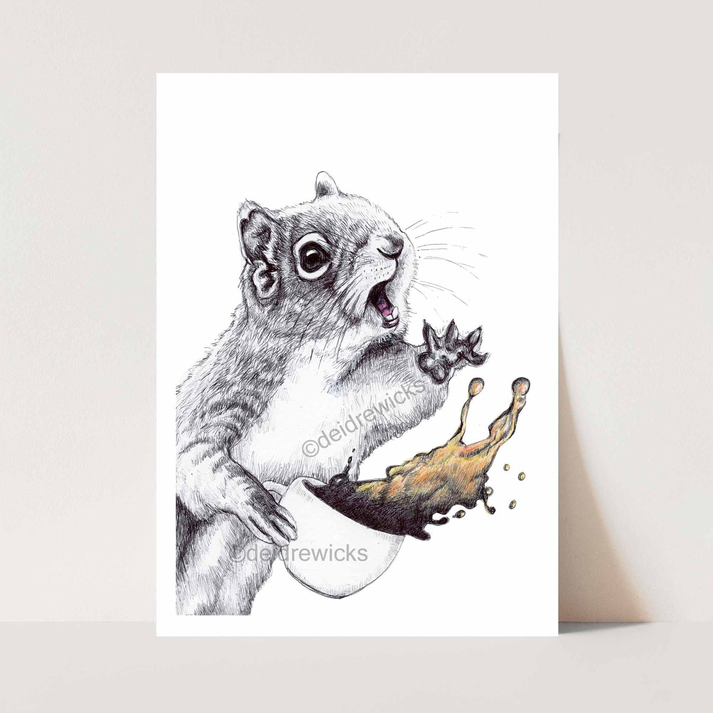 Print of an original ballpoint pen illustration of a squirrel about to spill it's coffee. It's a disaster! By Deidre Wicks