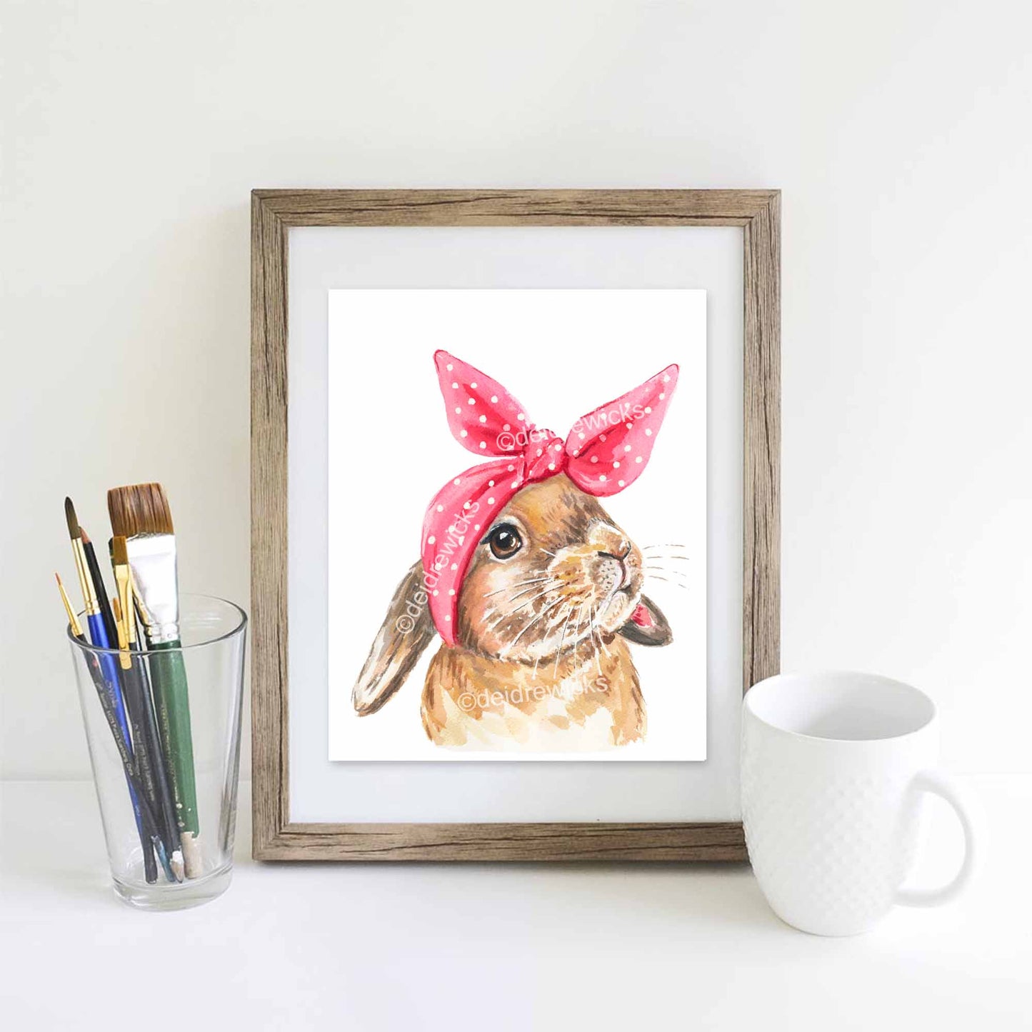 Example of a framed bunny rabbit watercolour painting by Deidre Wicks