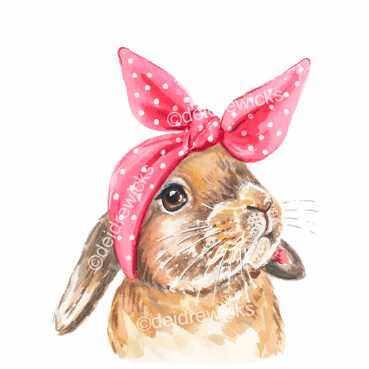 Watercolor painting of a lop eared rabbit wearing a headscarf that looks like bunny ears