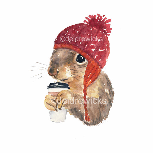 Watercolour painting of a squirrel wearing a red knitted hat and sipping a cup of coffee