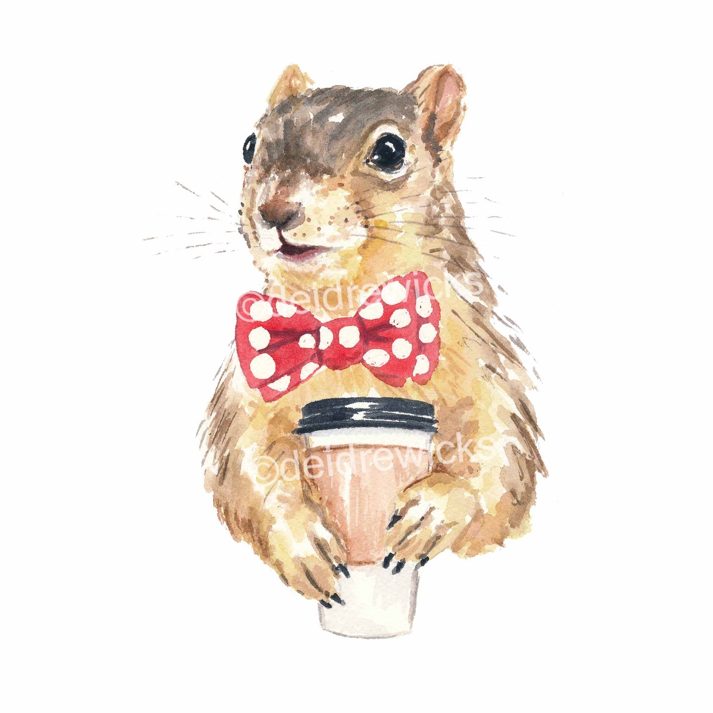 Watercolour painting of a squirrel with a bowtie drinking coffee. Art by Deidre Wicks 