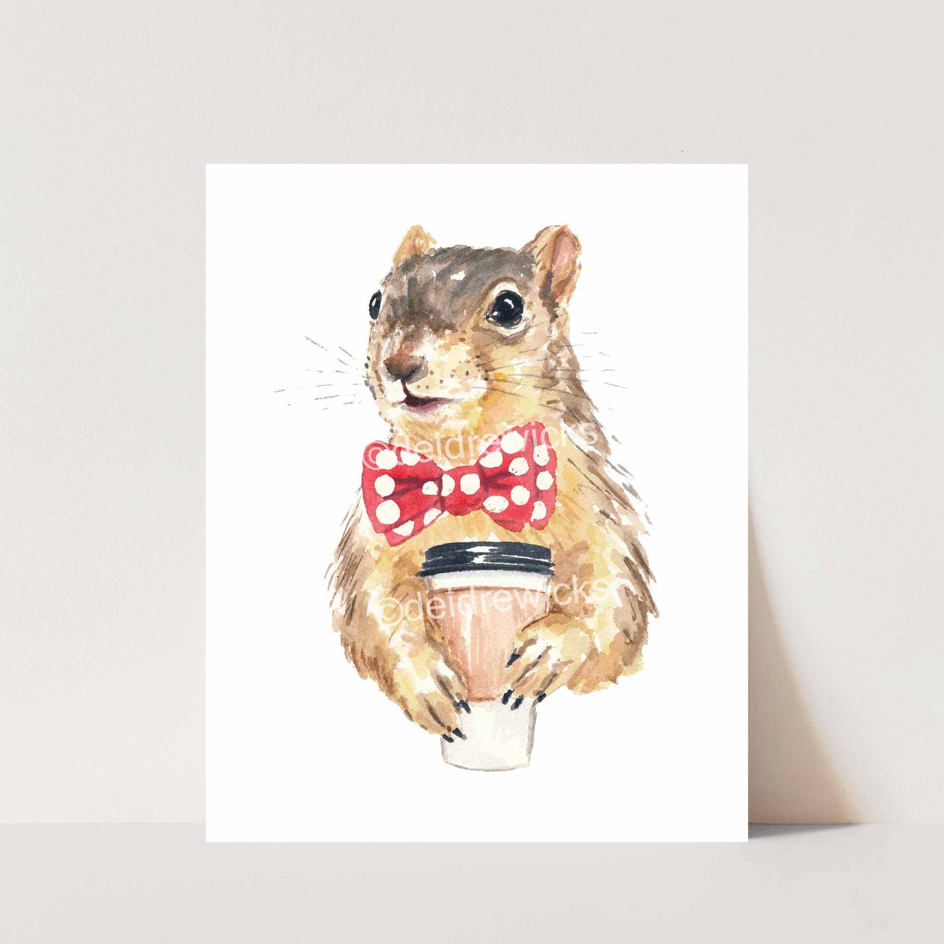 8x10 watercolour print of a squirrel holding a take out cup of coffee by Deidre Wicks