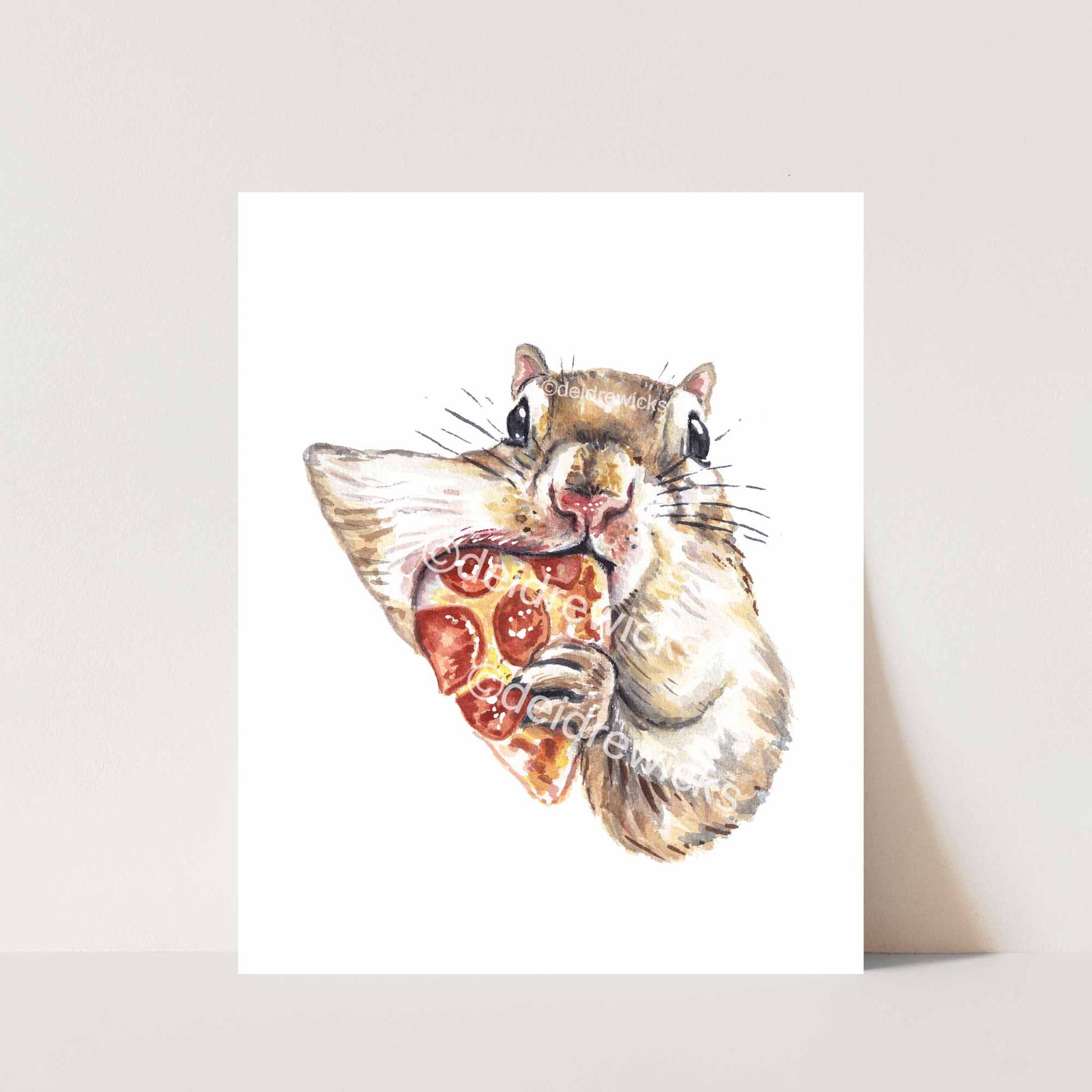 Watercolour painting print of a squirrel eating a huge piece of pizza