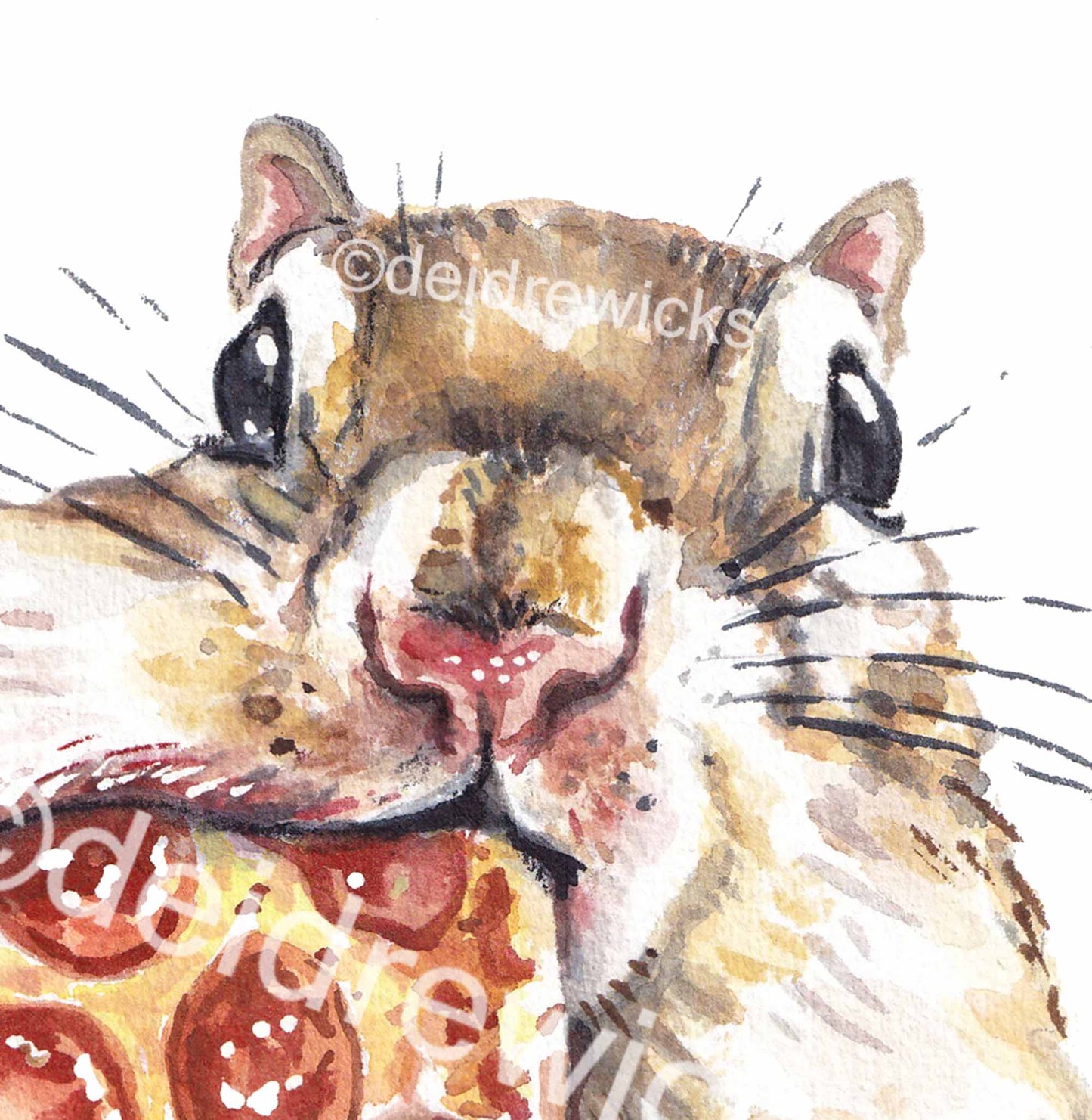 Close up of a squirrel eating pizza, watercolour painting