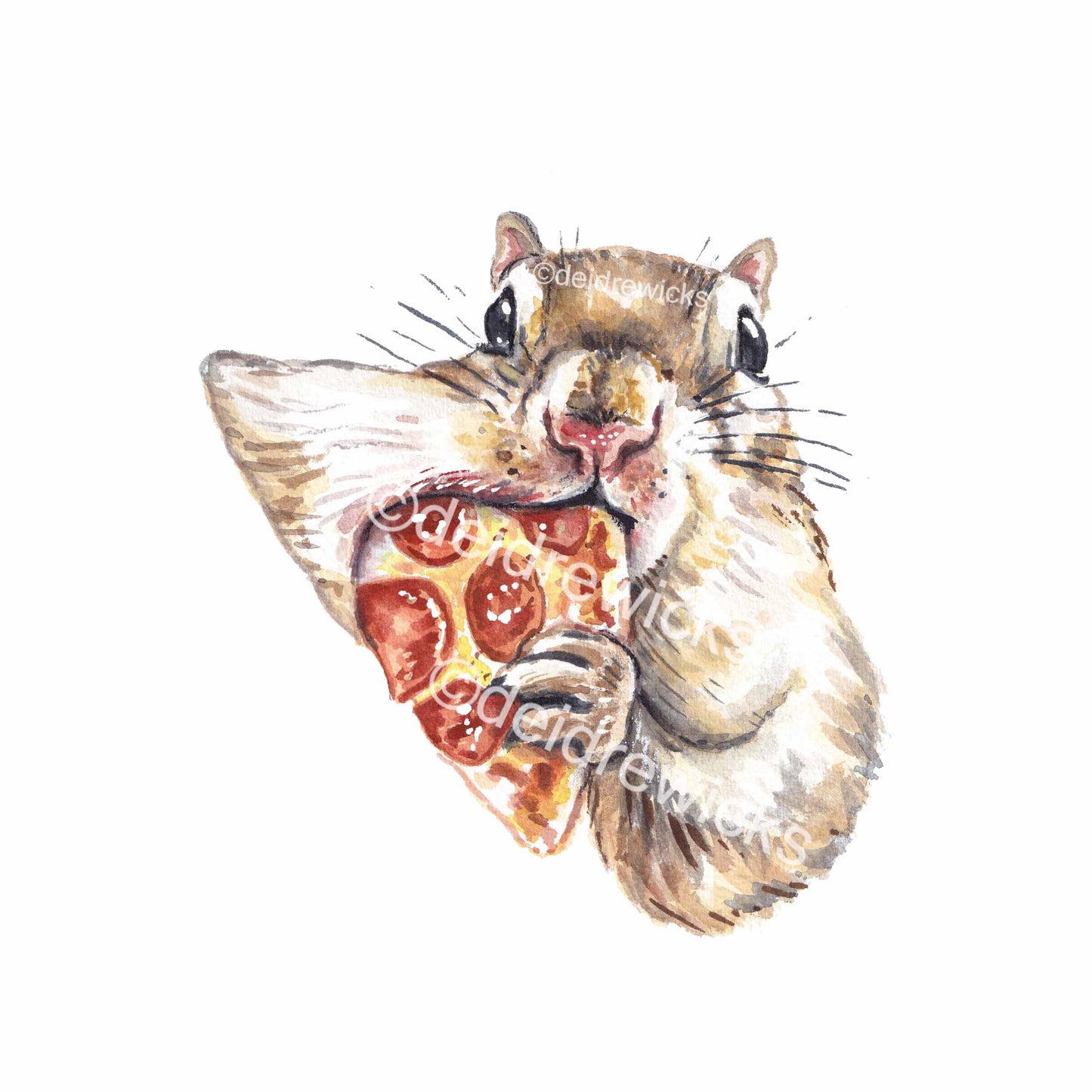 Watercolor painting of a squirrel stuffing a piece of pepperoni pizza in it's mouth