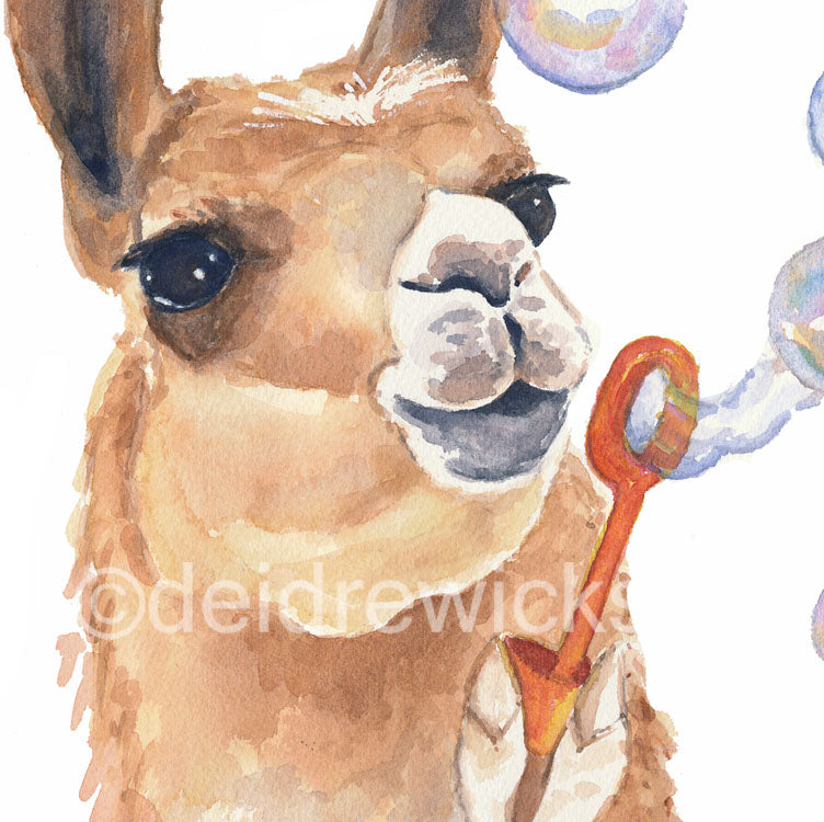 Close up of a llama blowing bubbles, nursery watercolor by Deidre Wicks