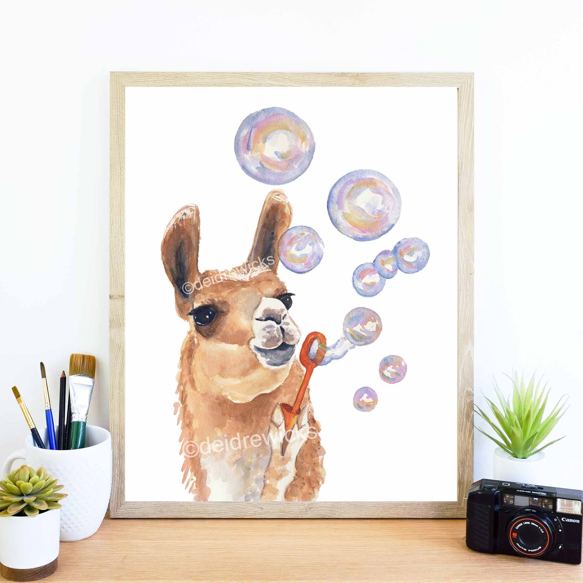 Framed example of a lama watercolour fine art print by Water In My Paint