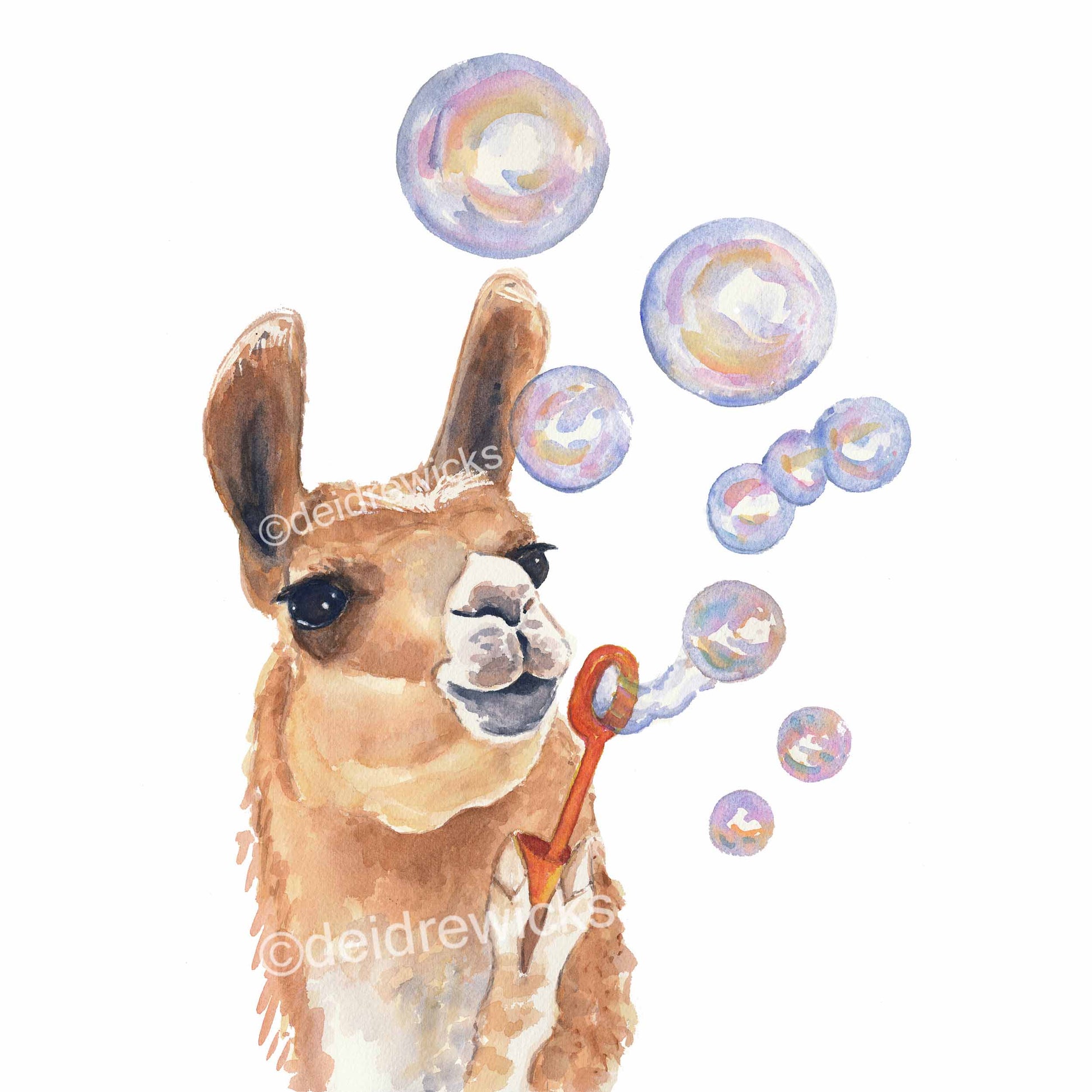 Watercolor painting of a llama blowing bubbles by Deidre Wicks
