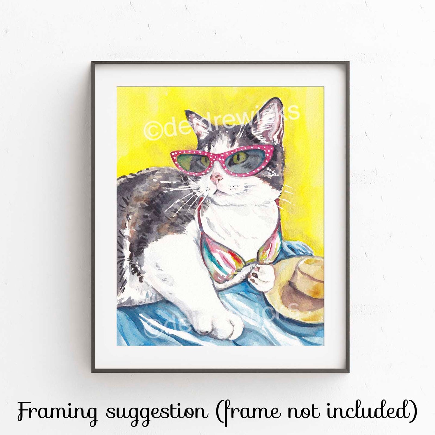 Cat watercolor painting of a tabby cat lying on a beach wearing sunglasses