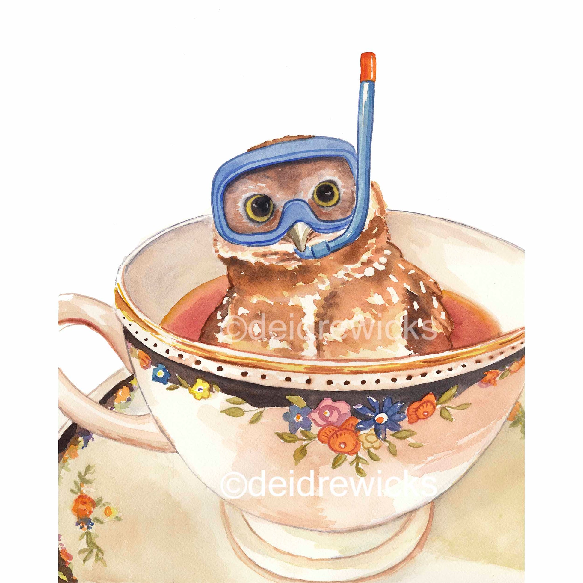 Watercolour painting of an owl snorkeling in a vintage tea cup