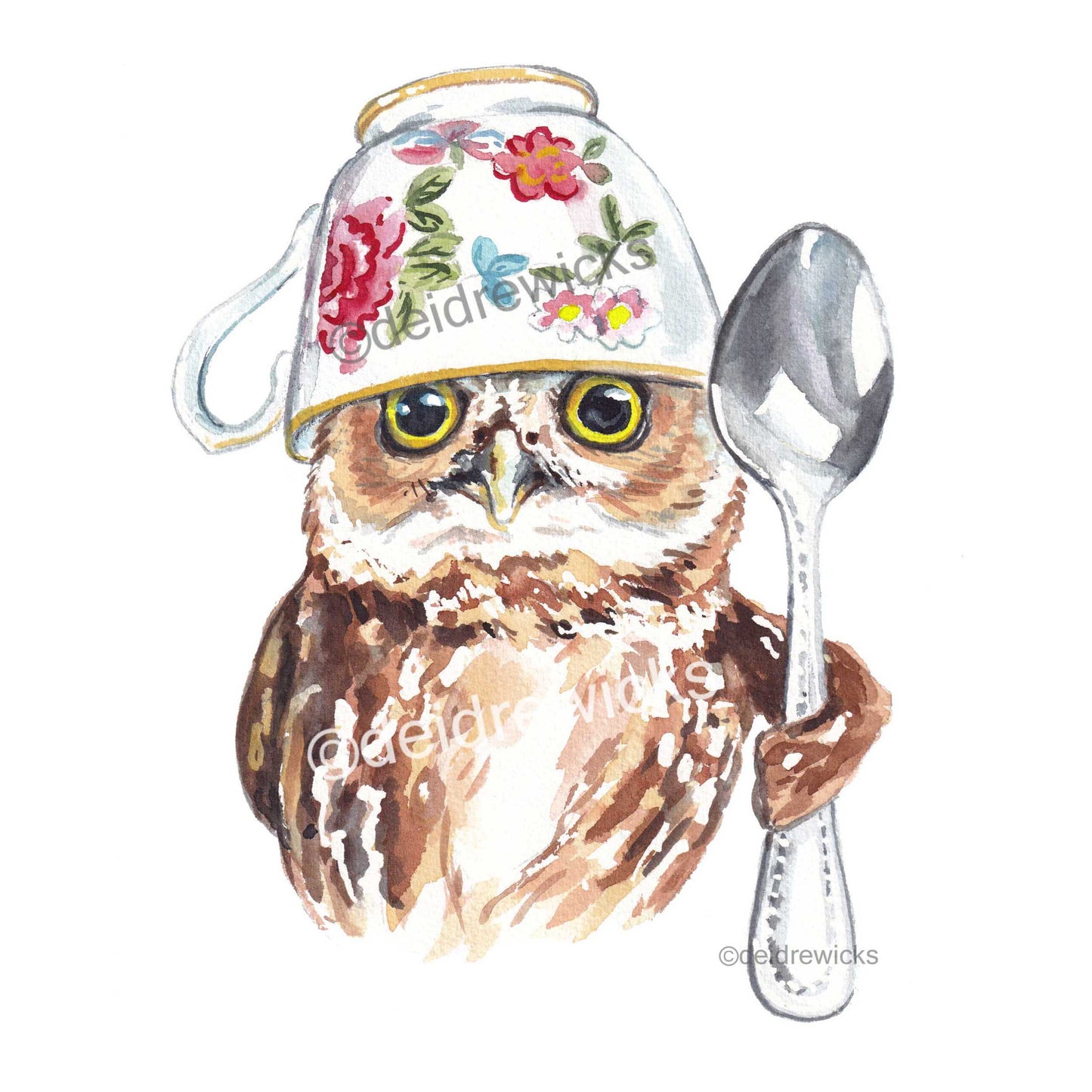 Watercolour painting of a Northern saw-whet owl wearing a tea cup on it's head and holding a spoon