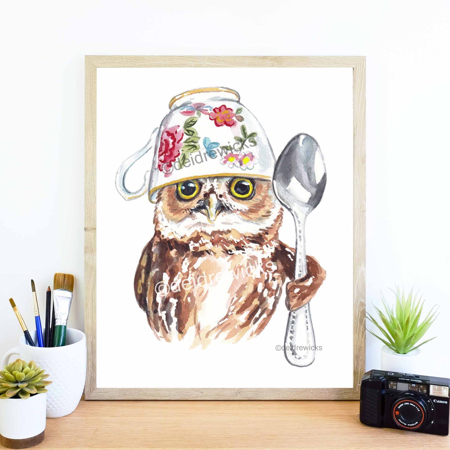 Adorable watercolor print of a northern saw-whet with a tea cup on it's head 