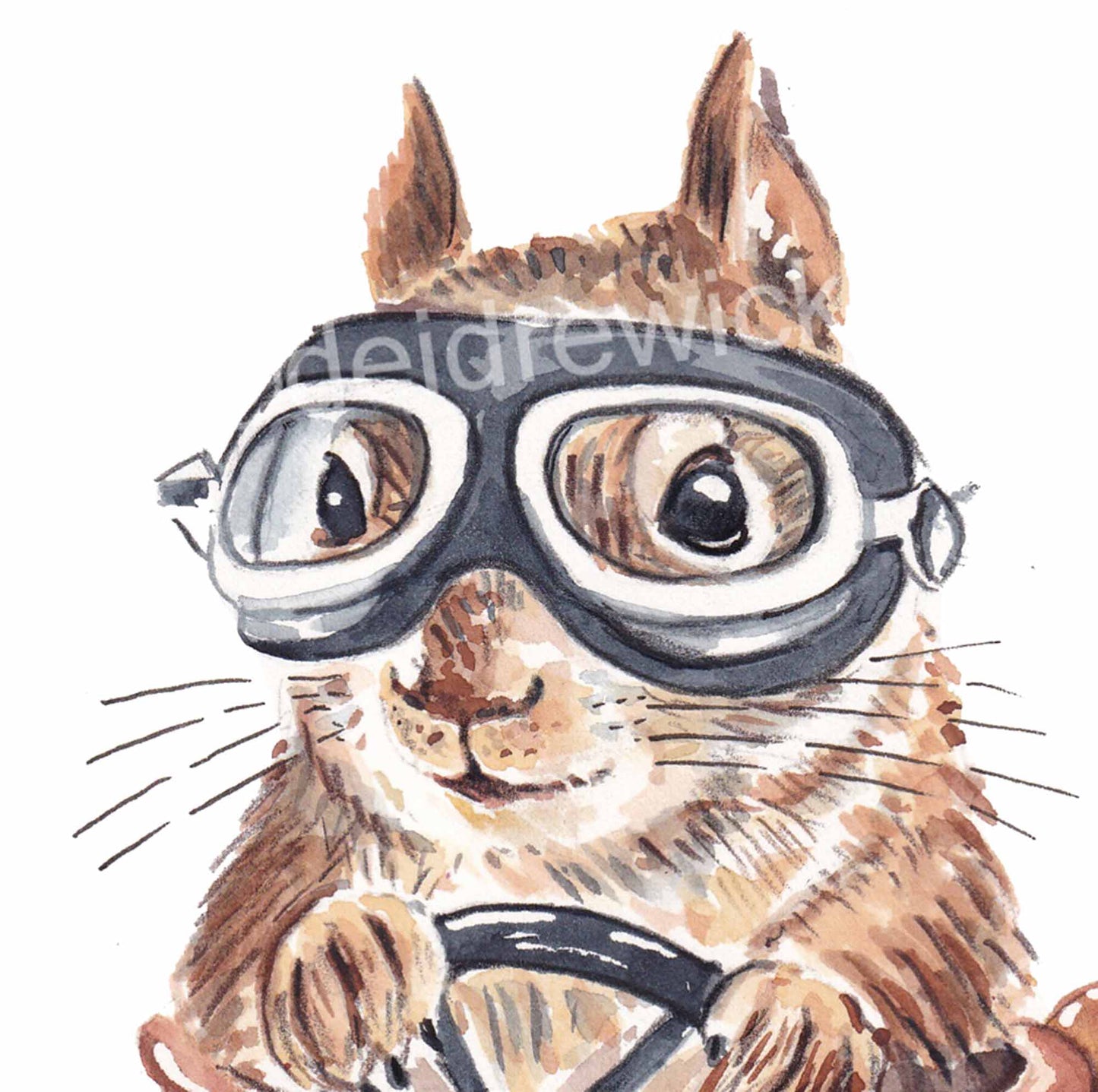 Close up of a watercolor painting of a squirrel wearing flight goggles