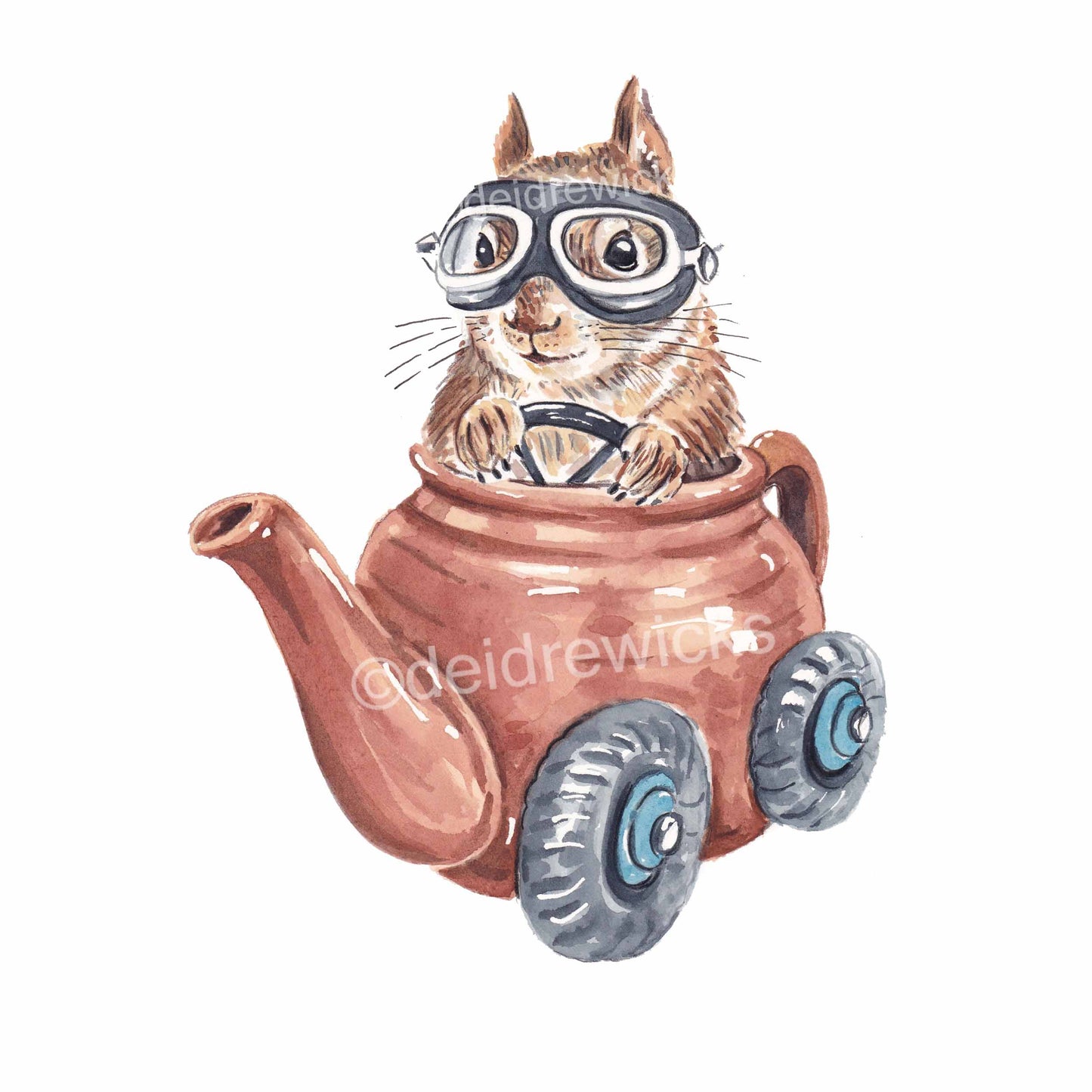 Watercolor painting of a squirrel driving a tea pot like a race car