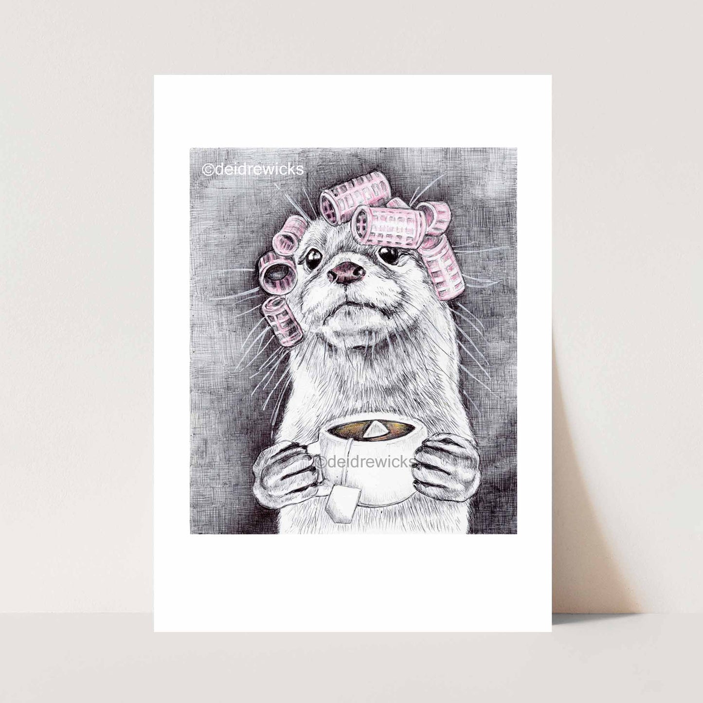 Otter drinking tea ballpoint pen ink drawing without a funny saying. Art by Deidre Wicks