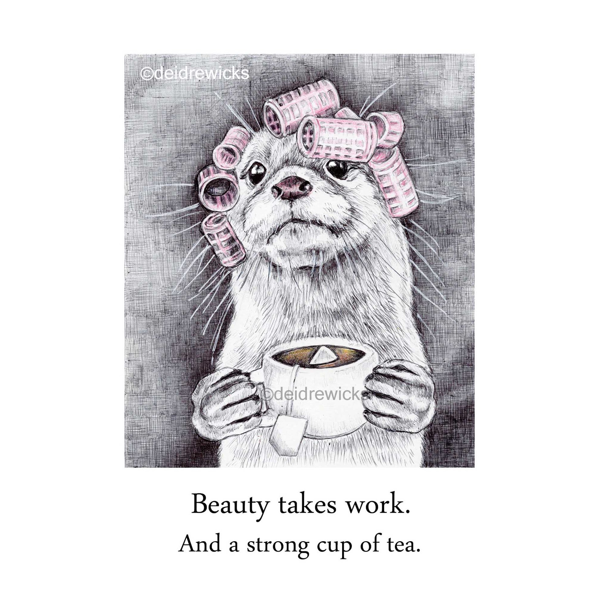 Ballpoint pen drawing of an otter wearing hair curlers while holding a cup of tea. Art by Deidre Wicks