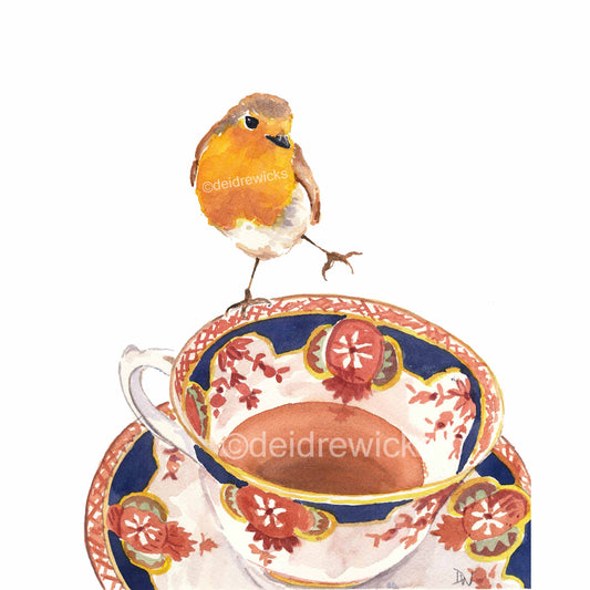 Watercolour painting of an English robin bird balancing on the rim of a vintage tea cup