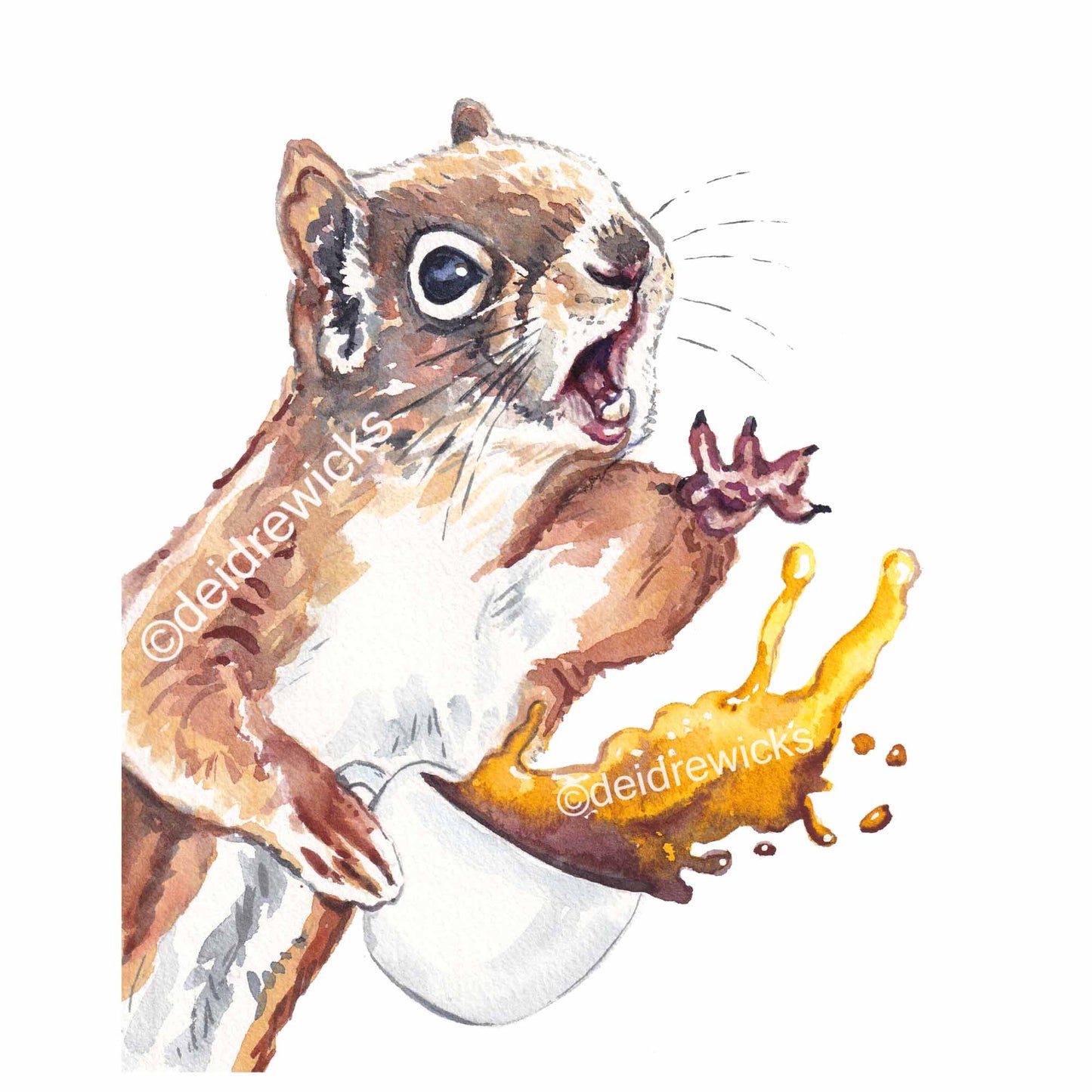 Watercolour painting of a red squirrel about to spill his fresh cup of coffee. Original art by Deidre Wicks