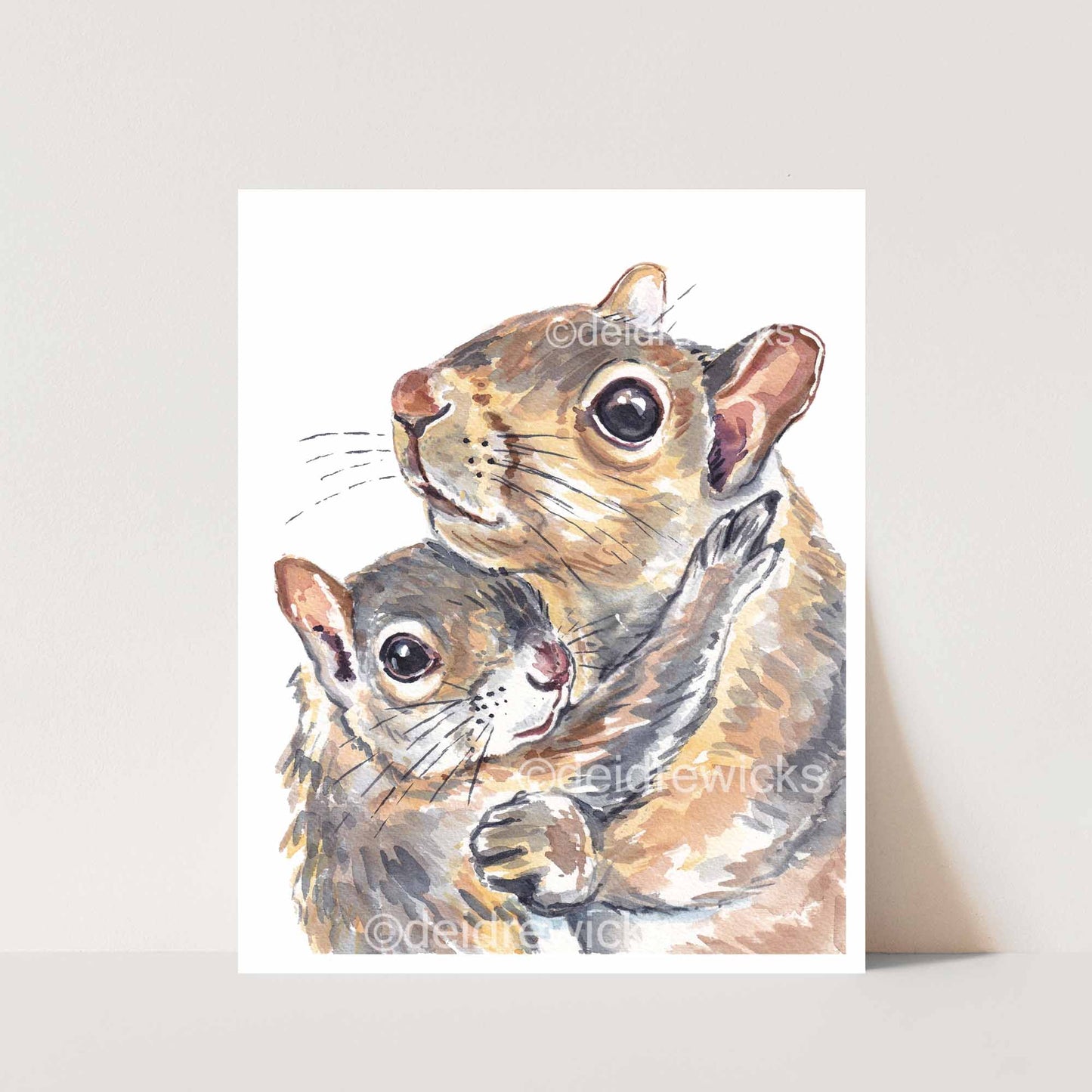 Watercolour print of a squirrel hugging her baby. Archival quality and perfect for a nursery, office or child's room