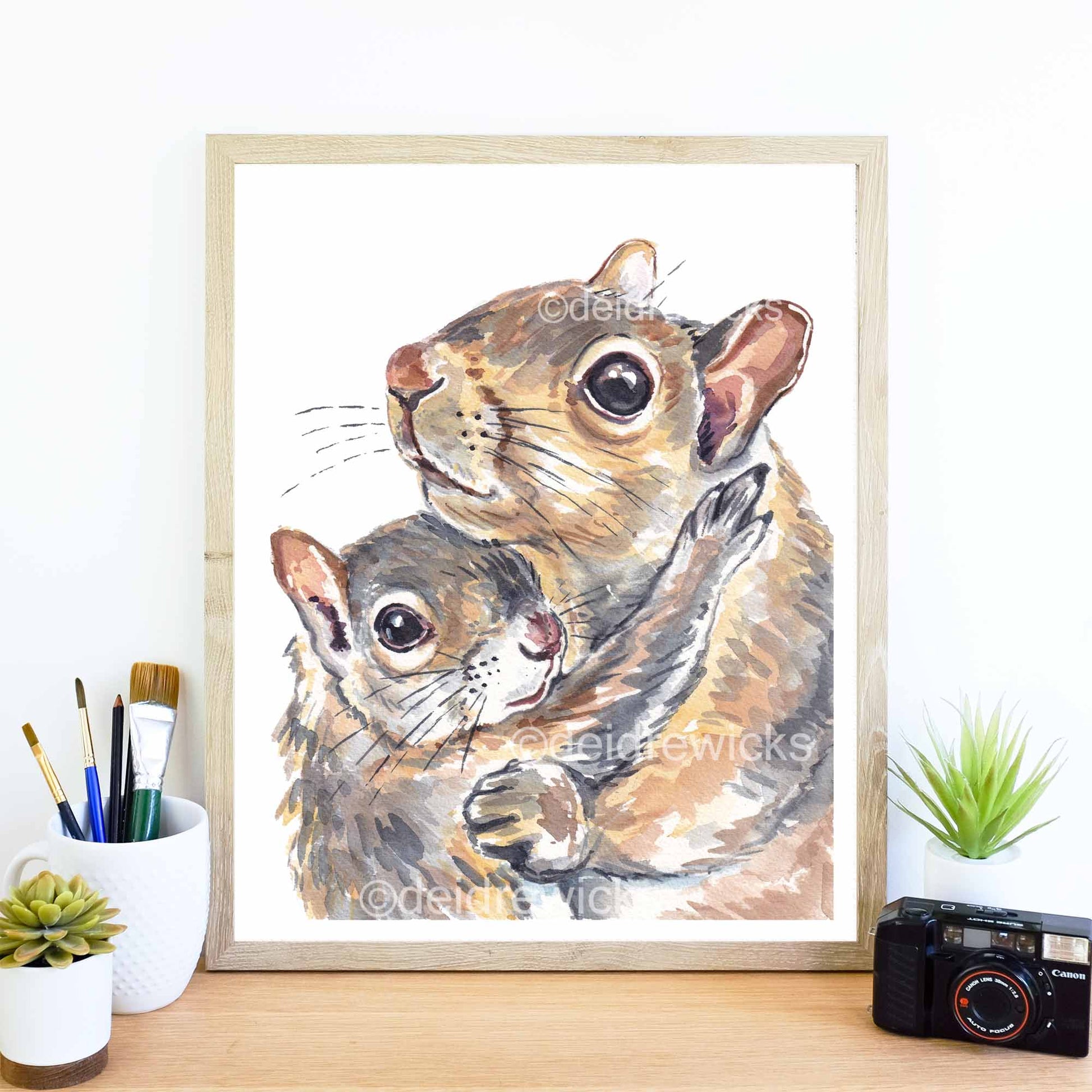 Framed example of a squirrel watercolour painting print by Water In My Paint