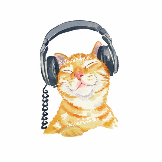 Watercolour painting of an orange tabby cat wearing black headphones and listening to music. By Deidre Wicks