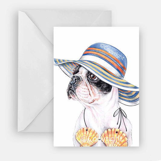 Blank greeting card featuring a drawing of a Boston Terrier dog wearing a summer hat and sea shell bikini top. Art by Deidre Wicks