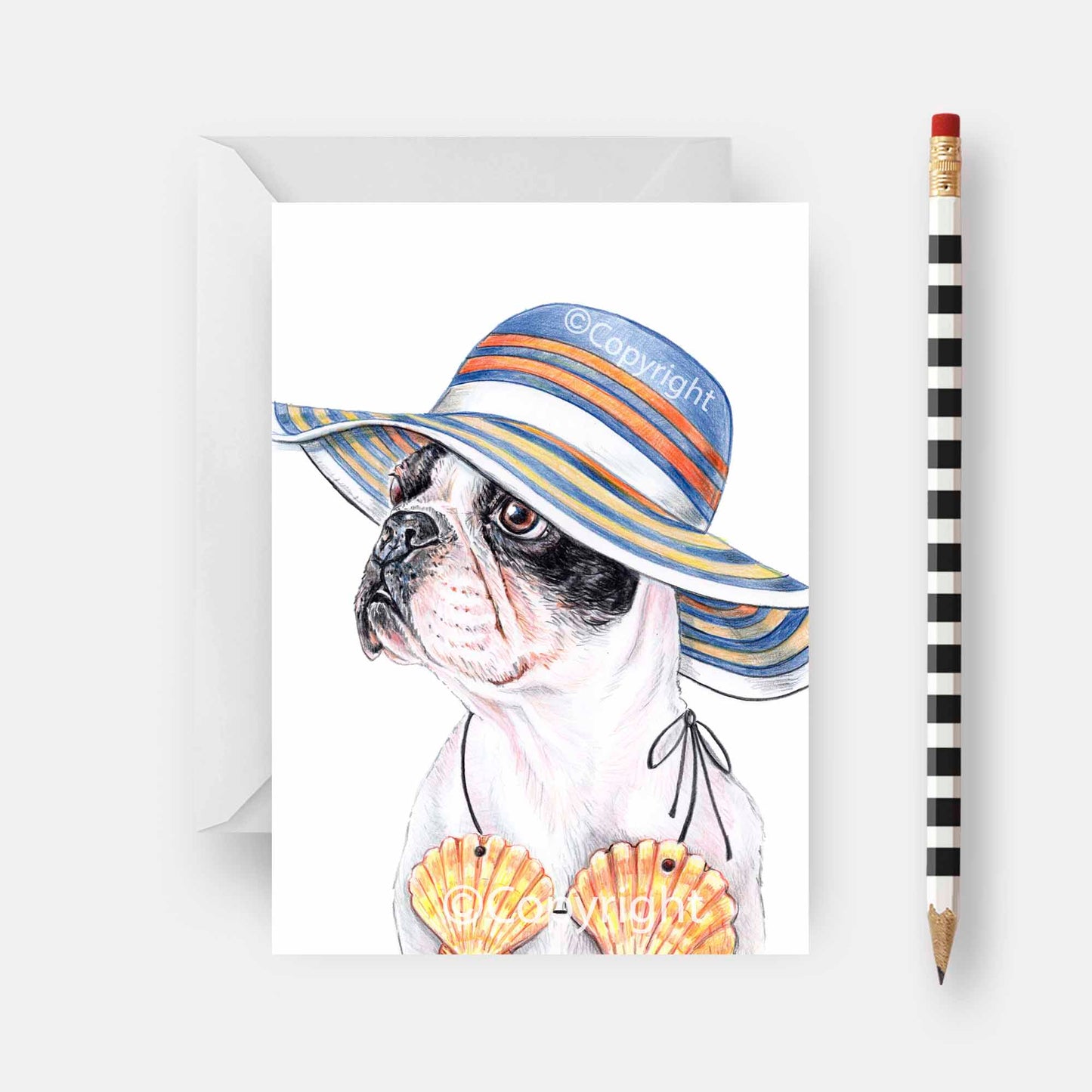 Blank greeting card featuring a drawing of a Boston Terrier dog wearing a summer hat and sea shell bikini top. Art by Deidre Wicks