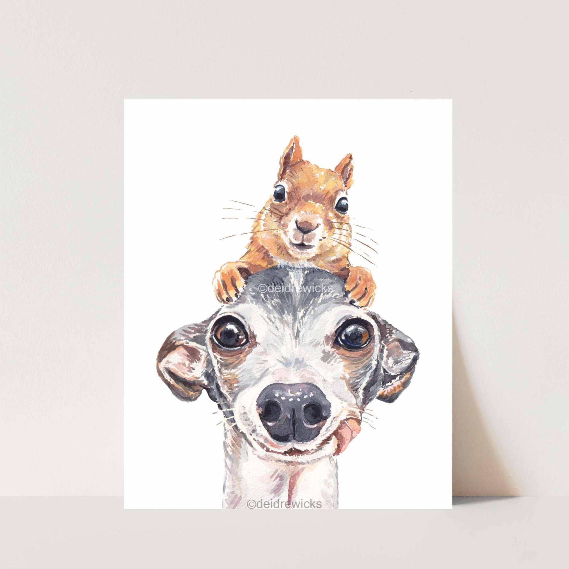 Watercolour painting of a red squirrel resting on top of the head of an Italian Greyhound dog. Art by Deidre Wicks