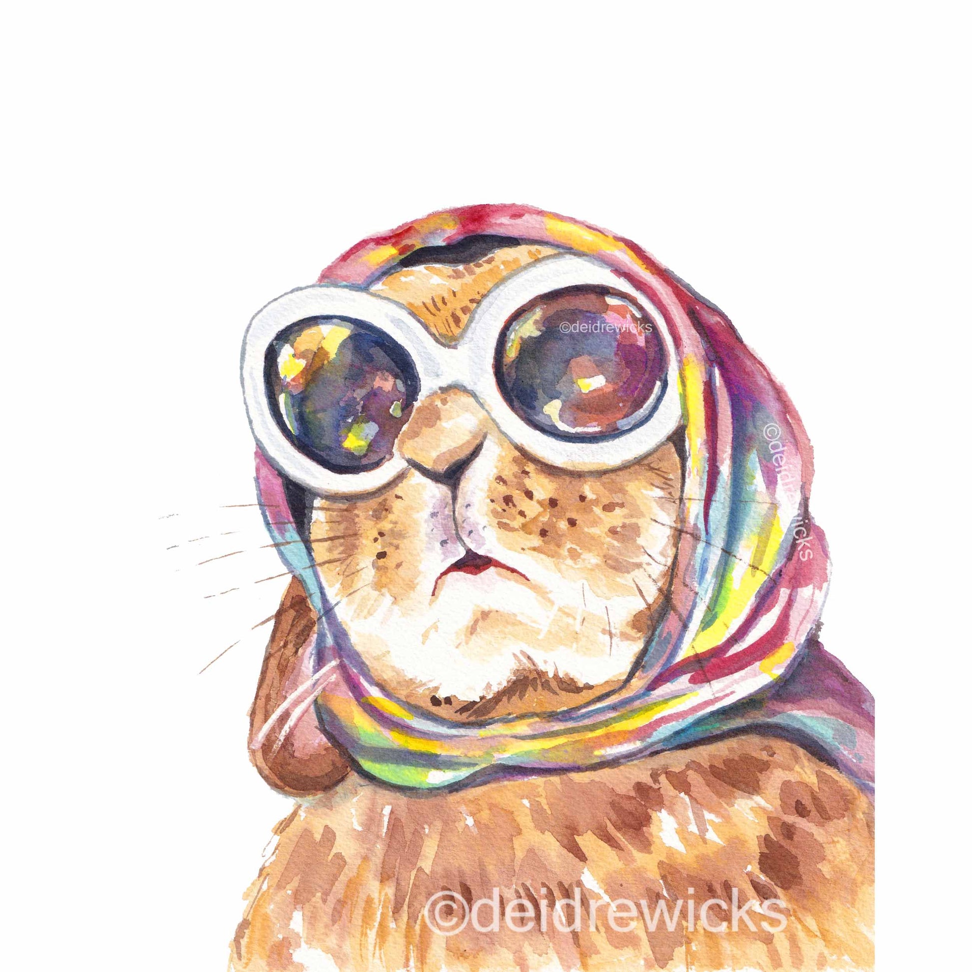 Watercolour painting of a lop eared rabbit wearing a vintage scarf and retro sunglasses. She's on vacation