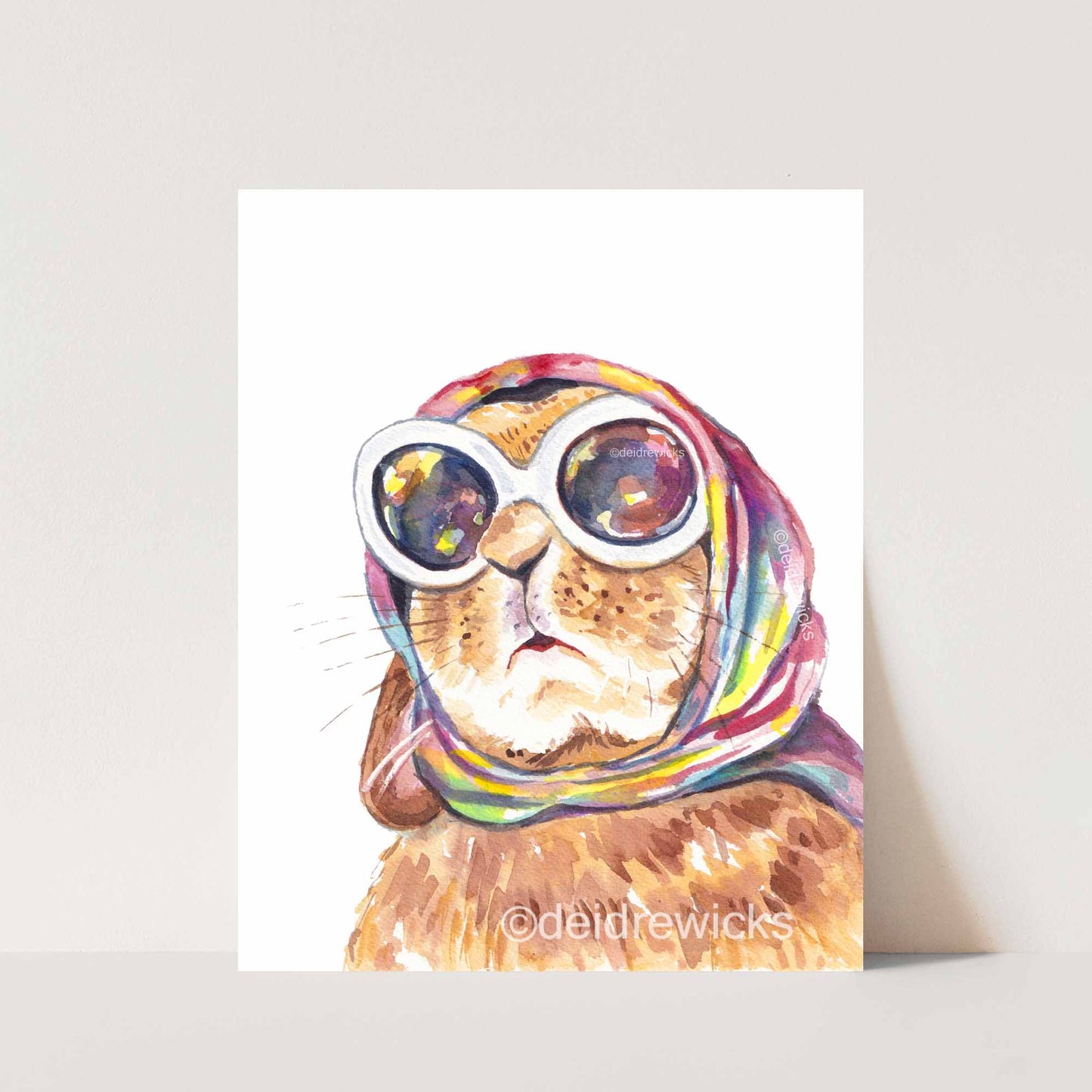 Watercolour print of a lop bunny rabbit who loves her vintage scarf and glasses. Perfect for a bathroom, bedroom, office etc