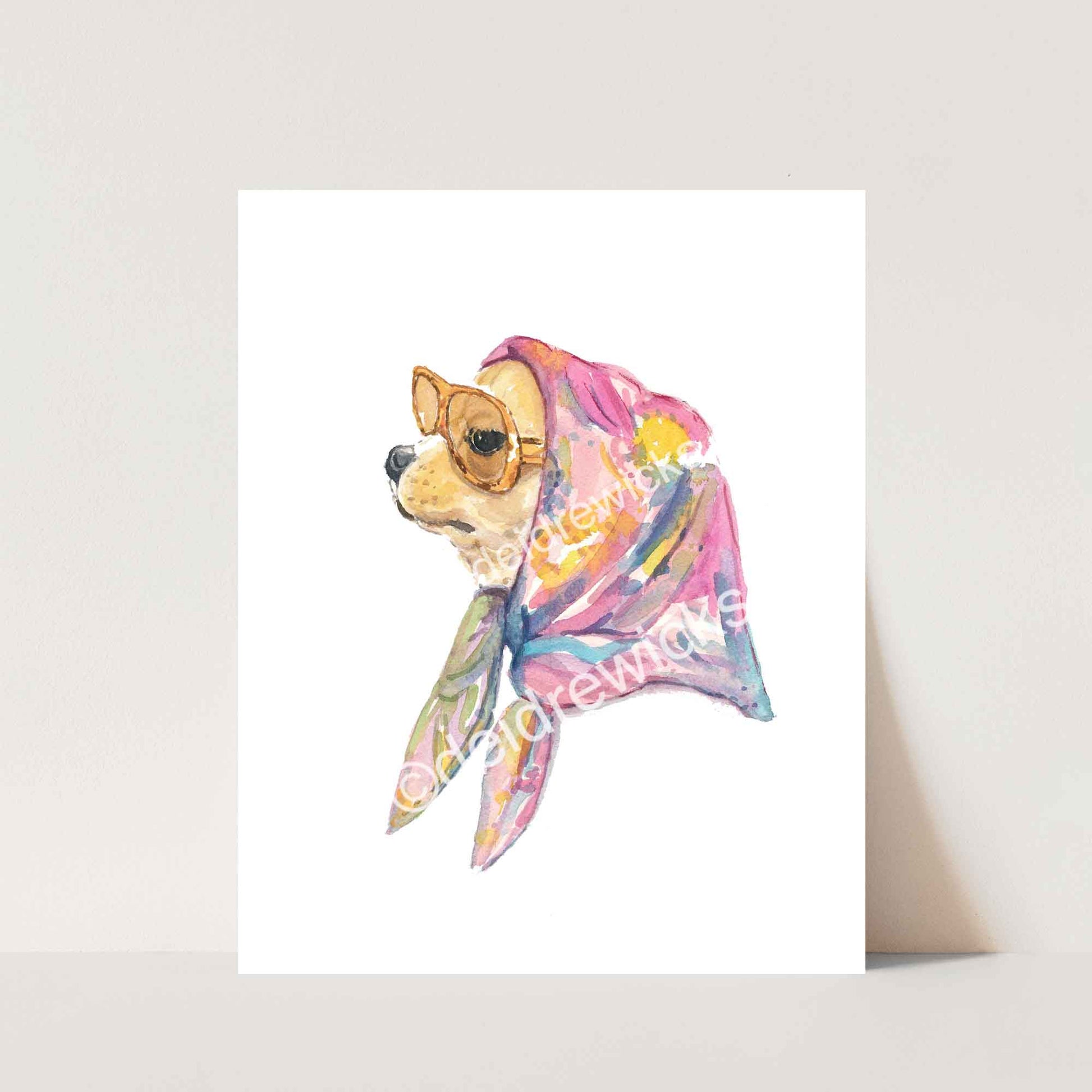 Watercolor painting print of a chic vintage style chihuahua dog