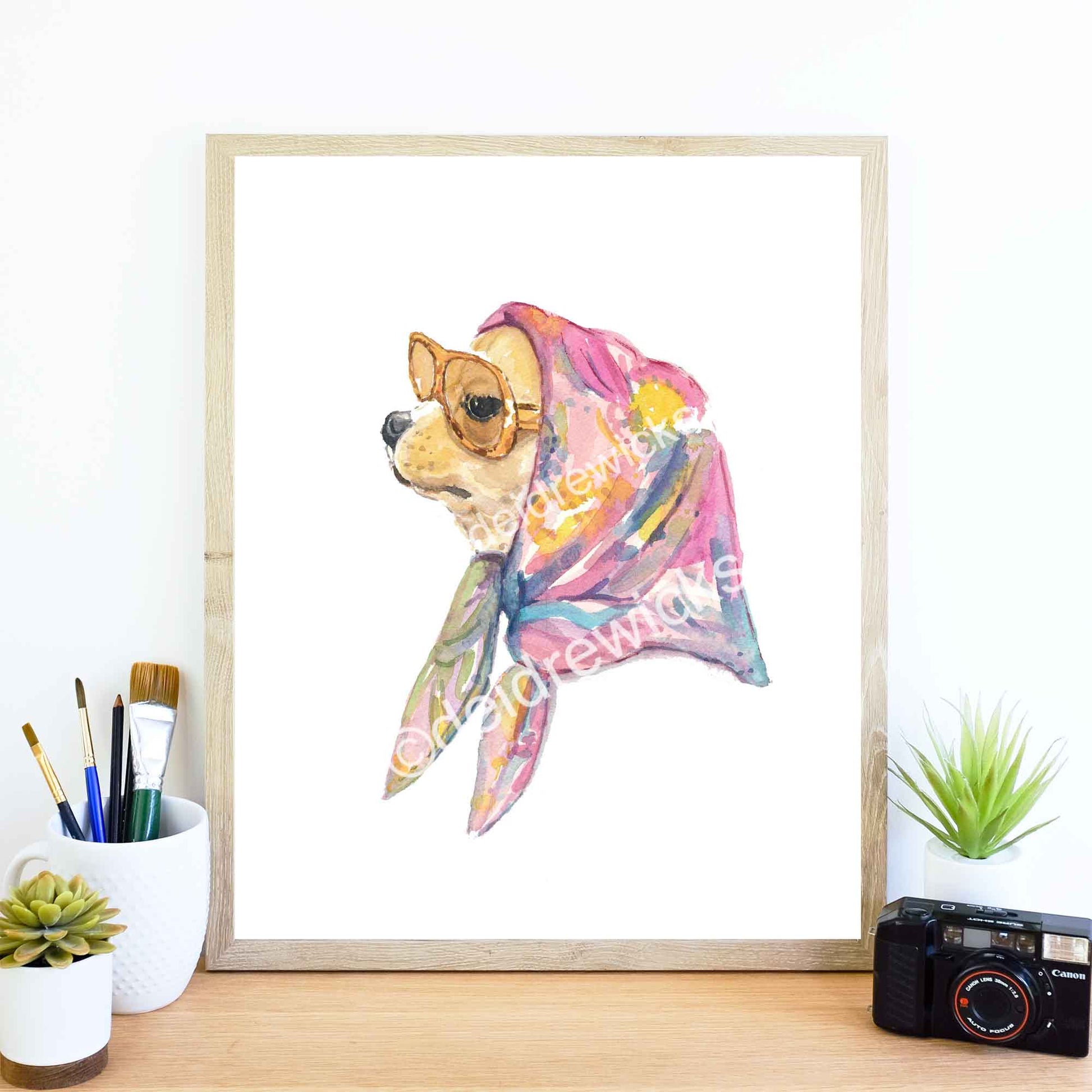 Fine Art print of a chihuahua dog wearing vintage scarf and sunglasses