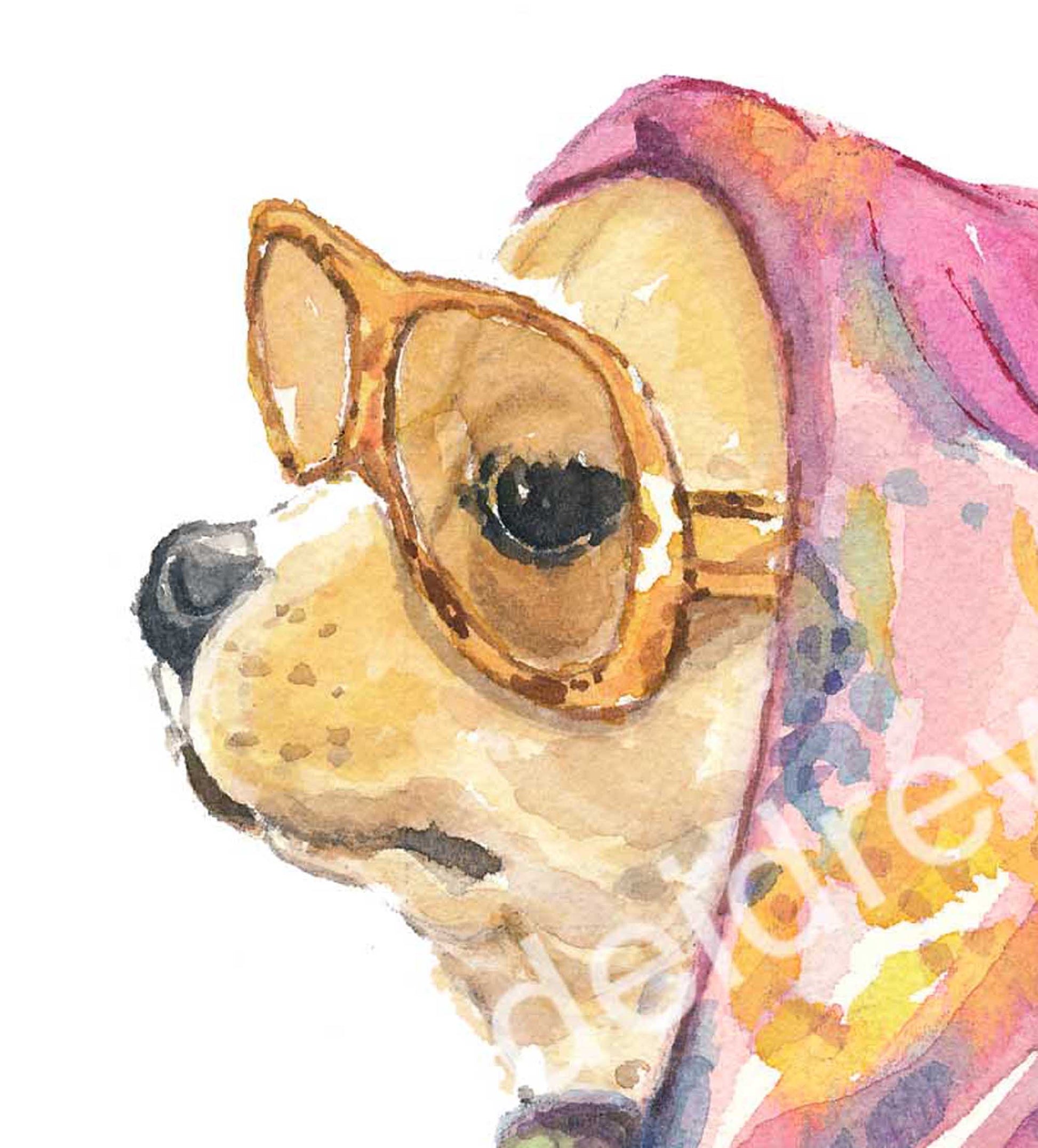 Close up of a watercolour of a chihuahua dog wearing large sun glasses
