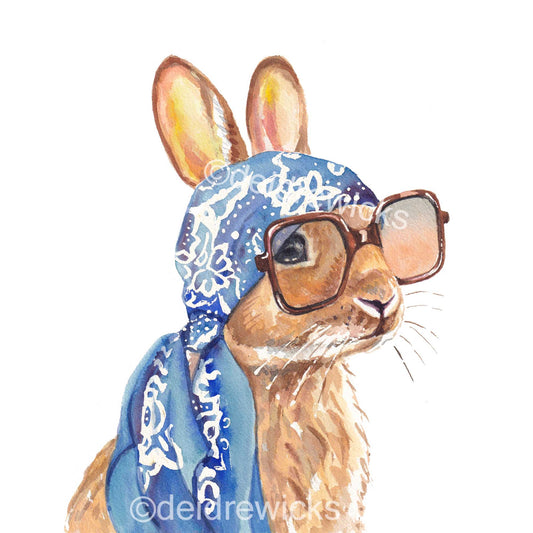 Watercolour painting of a brown bunny rabbit wearing a vintage scarf and big sunglasses. Vacation time! Art by Deidre Wicks