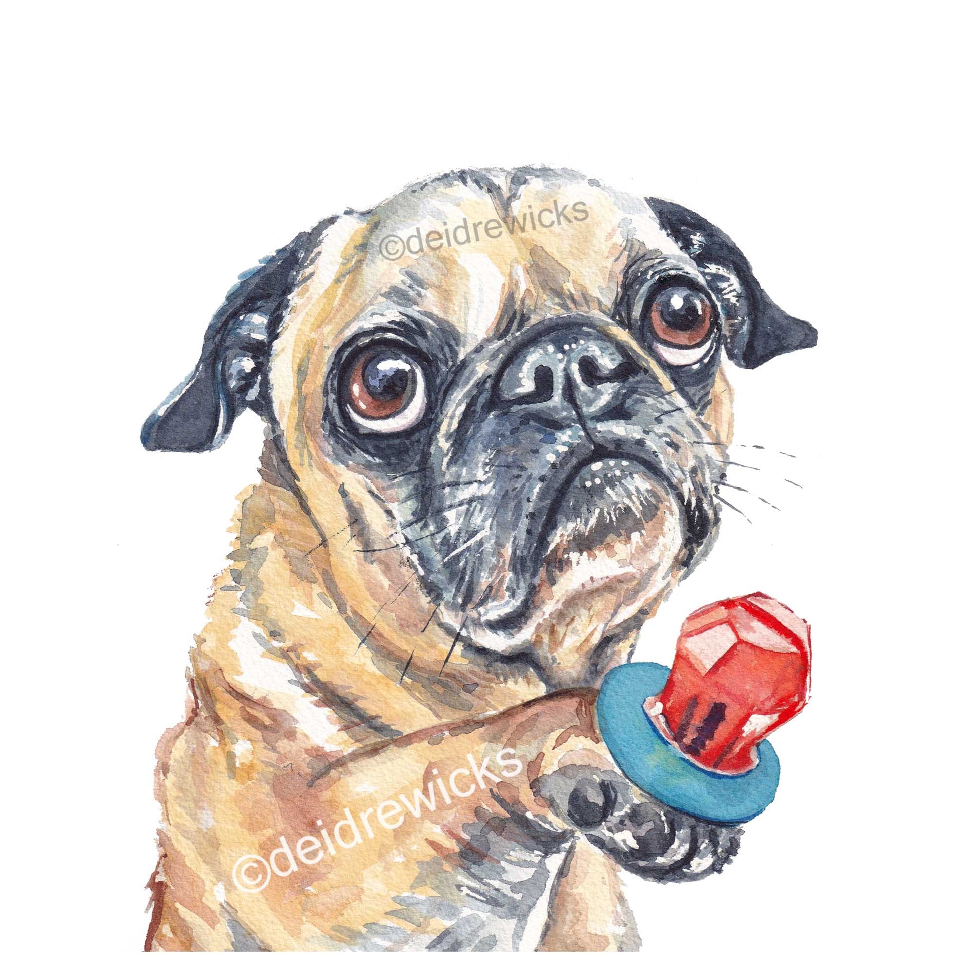 Watercolour painting of a pug dog offering a lick of his candy ring lollipop. Art by Deidre Wicks