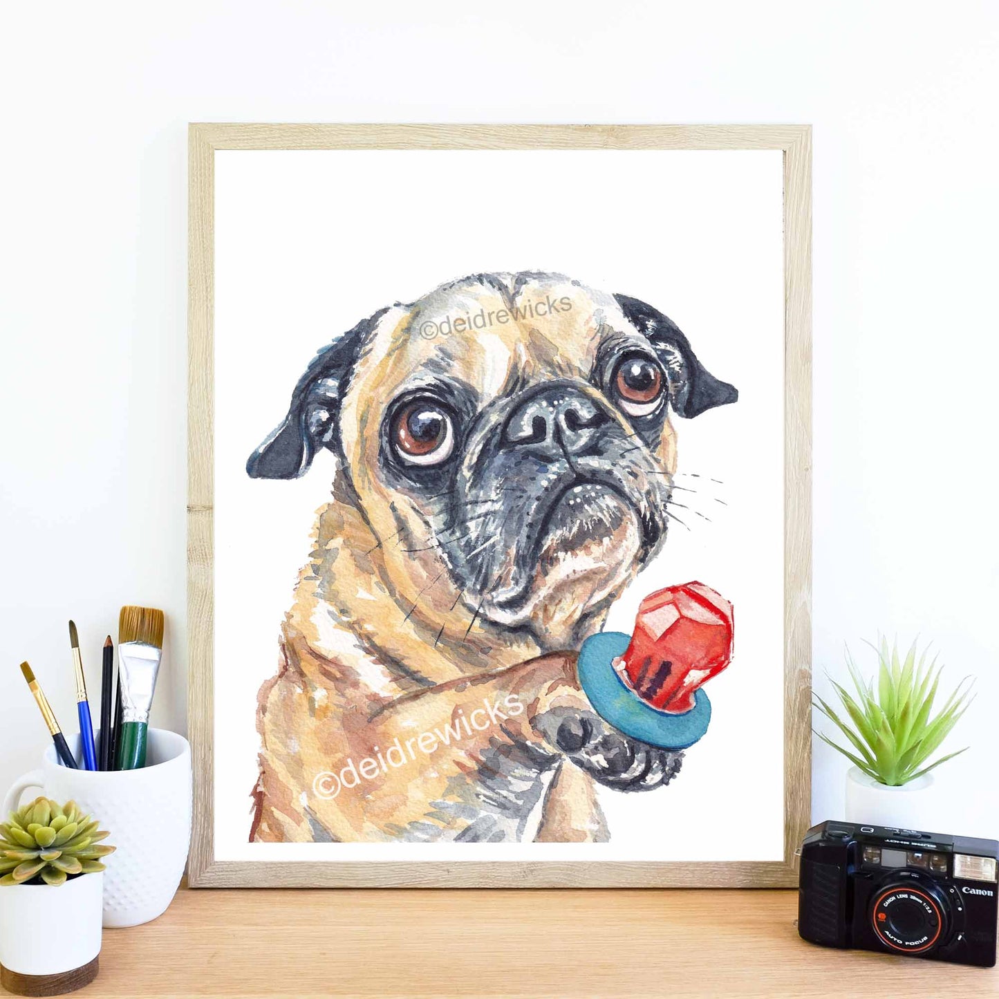 Framed example of a watercolour pug dog painting by Deidre Wicks