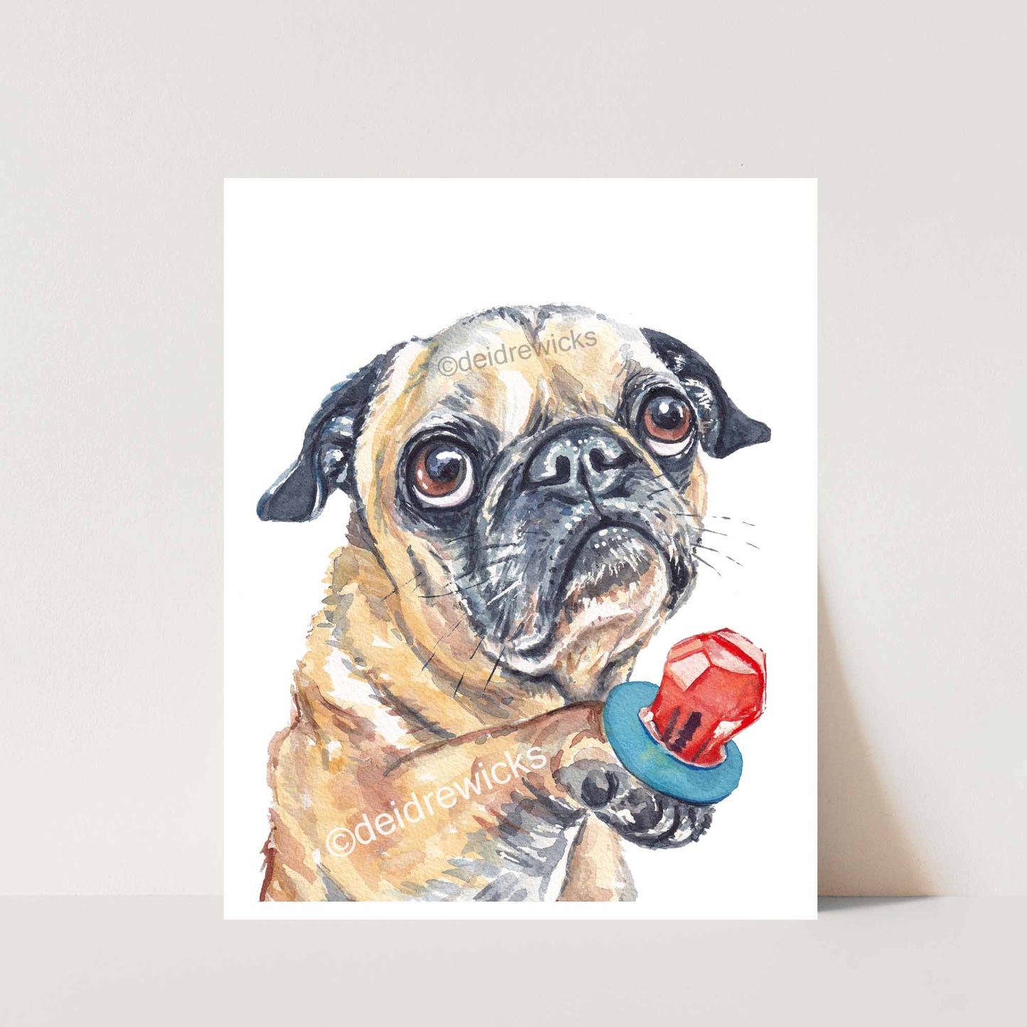 Watercolour painting print featuring an adorable pug dog offering a lick of his candy ring lollipop. Original art by Deidre Wicks