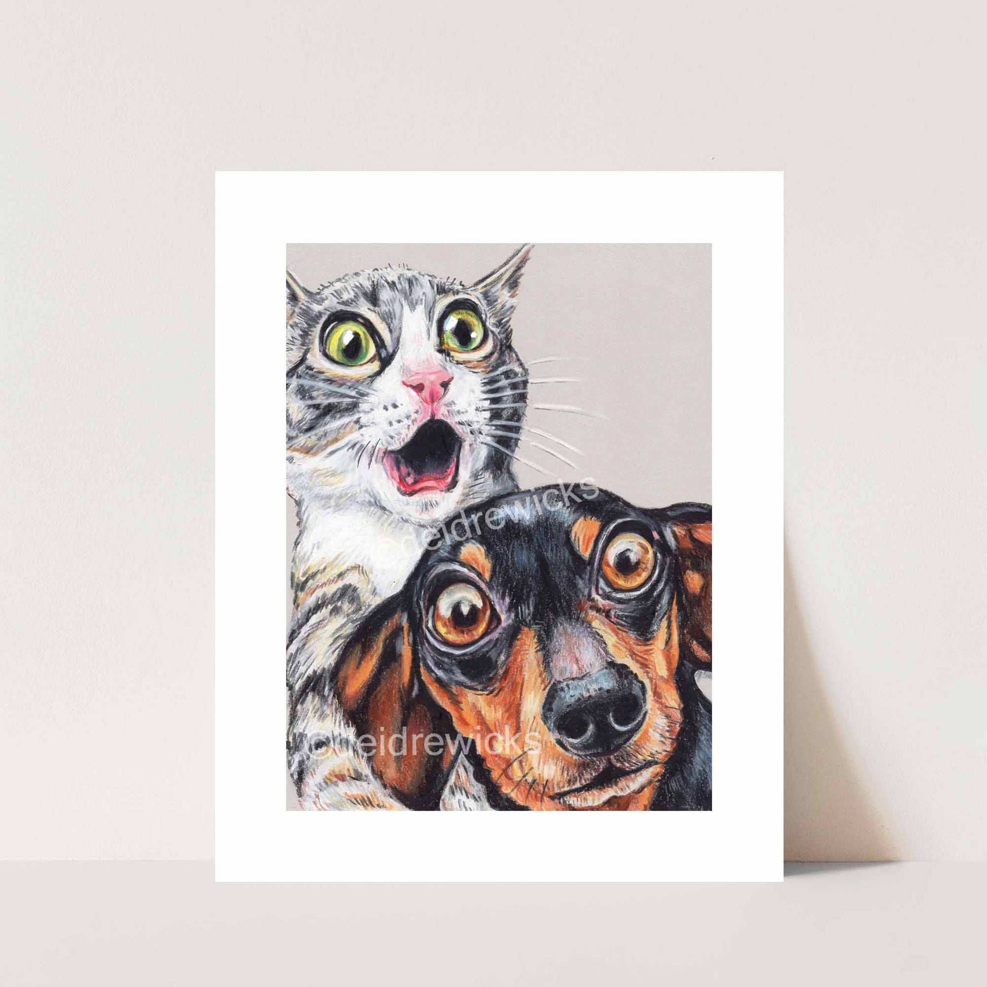 Crayon drawing print of an adorably shocked grey tabby cat and dachshund dog by artist Deidre Wicks