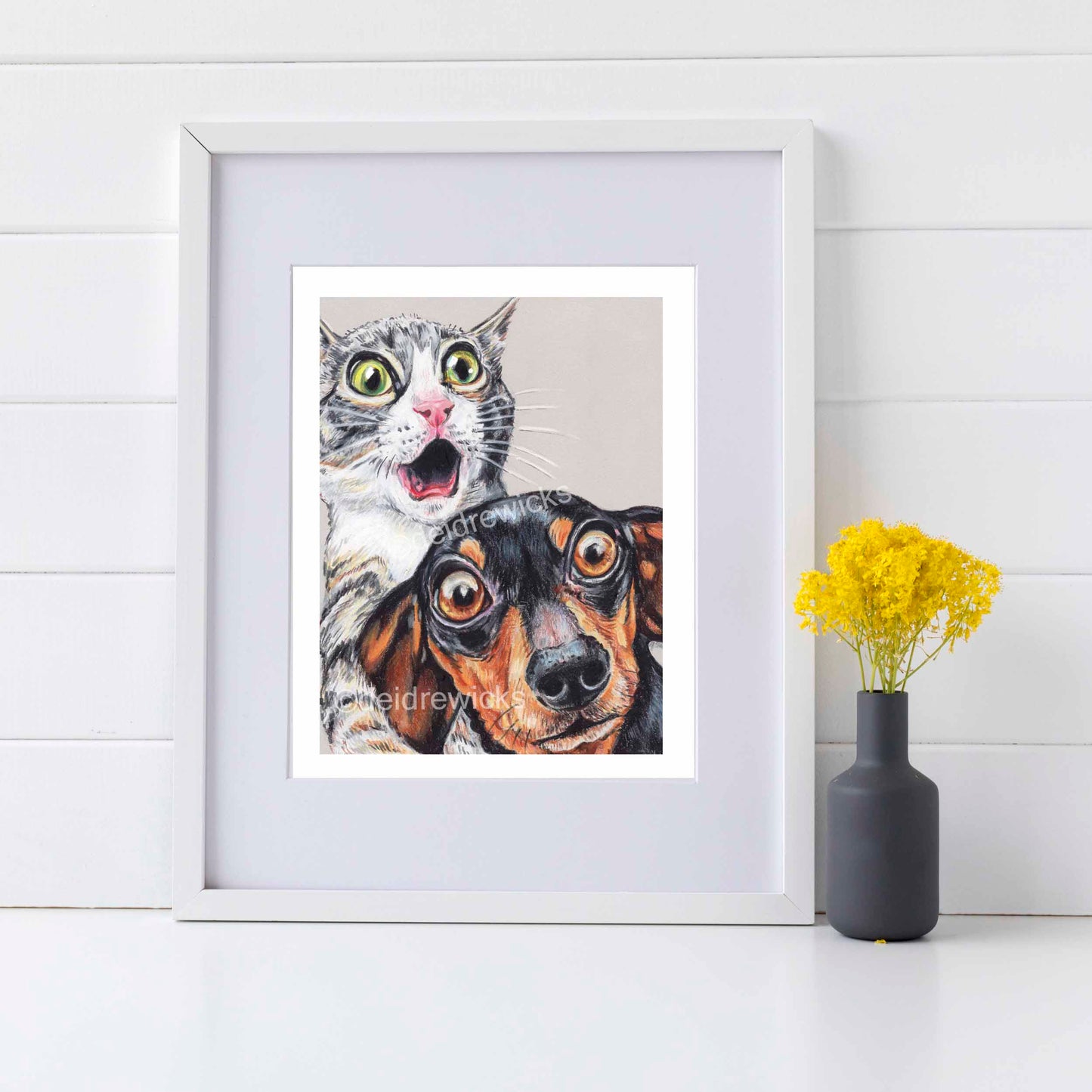 Framed example of a shocked grey kitten and dachshund dog by Water In My Paint