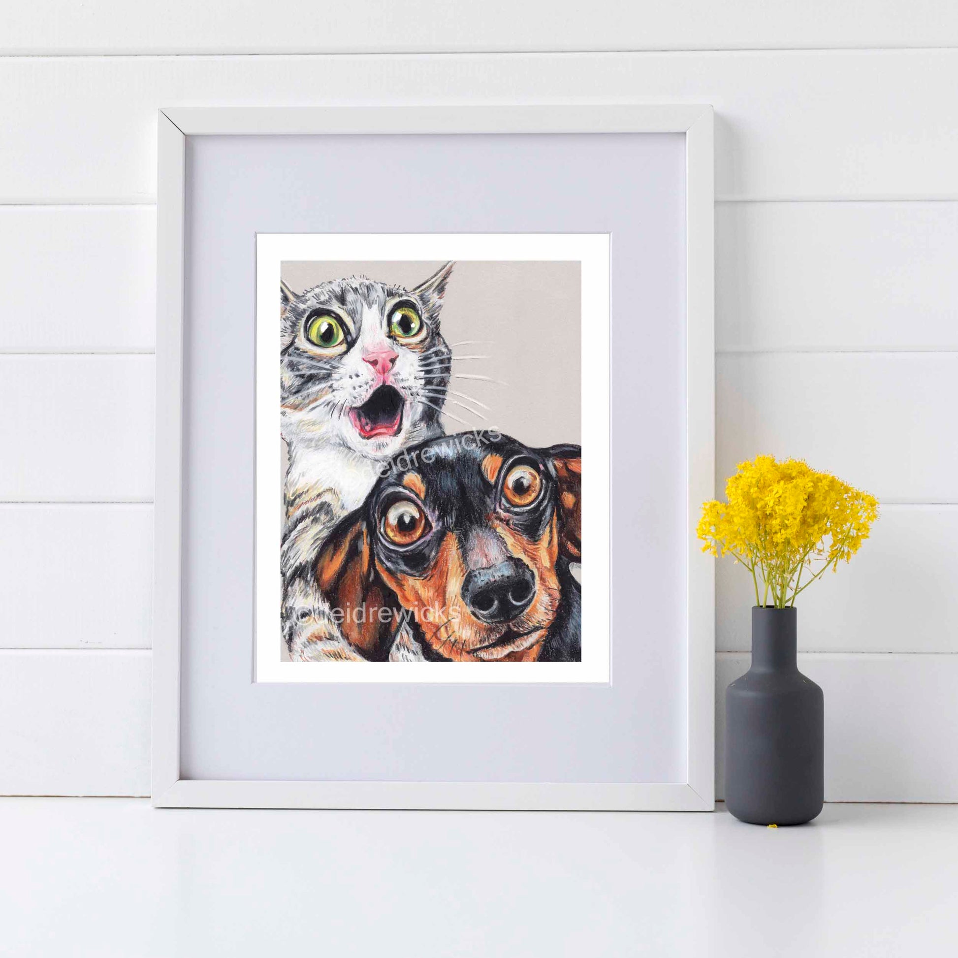 Framed example of a shocked grey kitten and dachshund dog by Water In My Paint